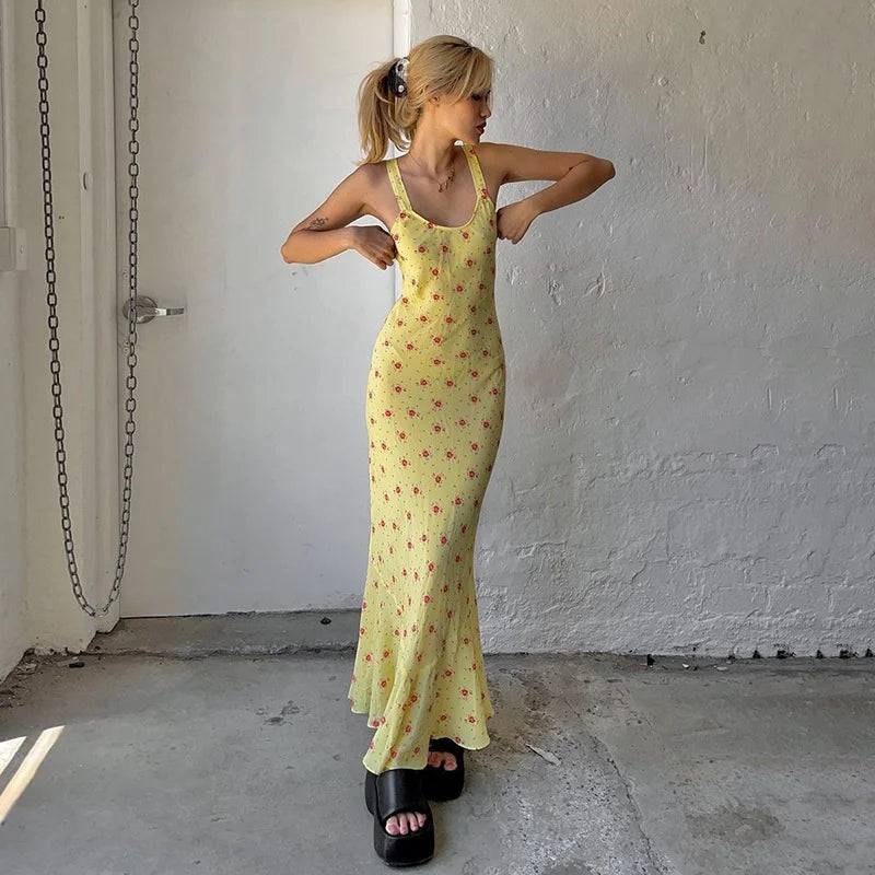 Women Slip Slim  Dress  Lady Elegant  Floral Yellow Long Dress Female Fashion Sexy Beach Vacation Dress