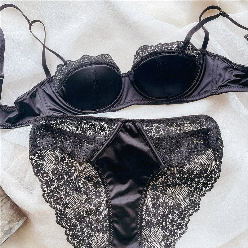 Elegant Sexy  Sheer Lace Balconette Minimizer Bra Set Underwire Push Up Anti-Sagging Side Support Bridal Lingerie for Big Bust