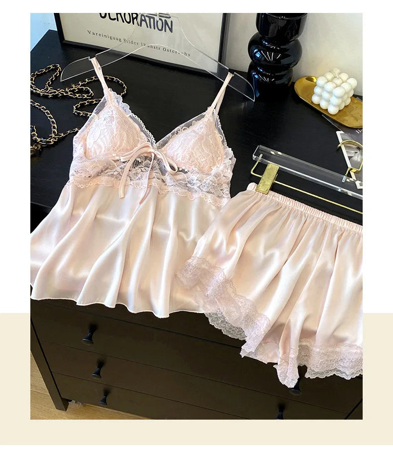 Sexy Intimate Lingerie Pajamas Set Hollow Out Lace Cami Shorts Pijamas Suit Spring Summer New Sleepwear Home Clothes Loungewear