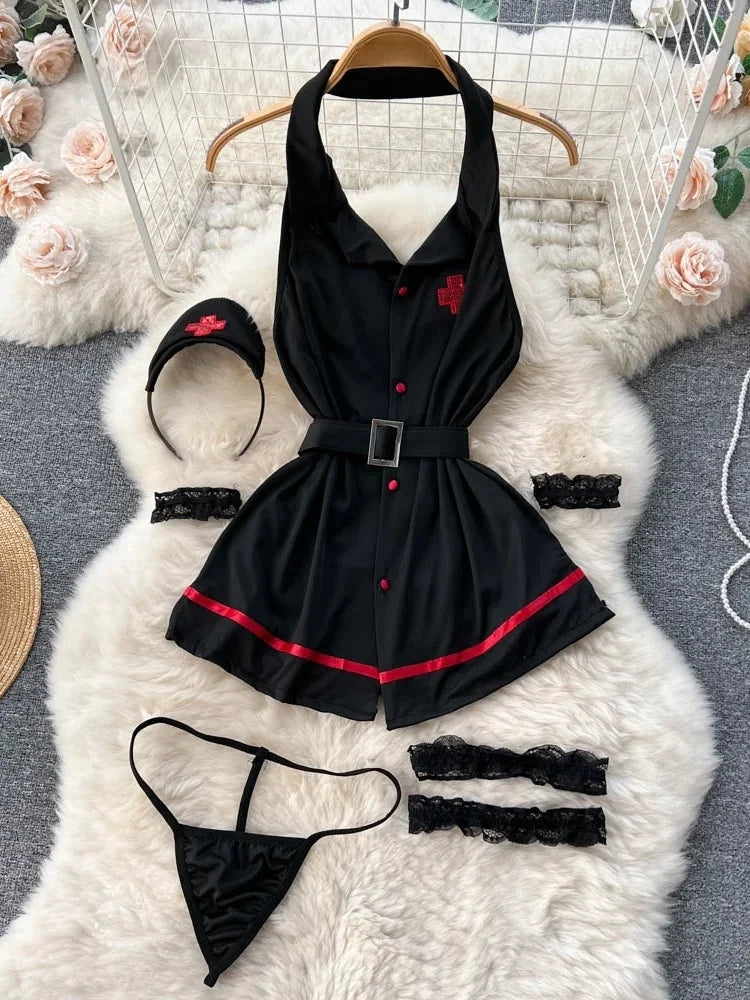 Erotic Fashion Sexy Halter Lingerie Dress Summer V Neck Vintage Belt Slim Lingerie Women Backless Sexuality Club Lingerie Sets