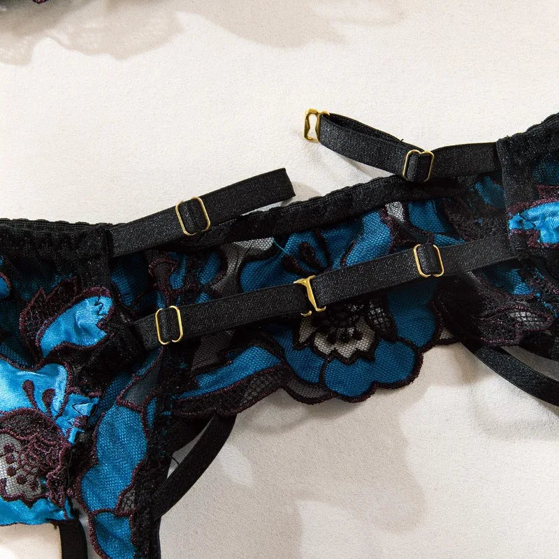 Sissy Sexy Lingerie Sets Exquisite Floral Embroidery 3 Pieces Set Beautiful Erotic Underwear Sheer Mesh Bra Panties Garters Belt