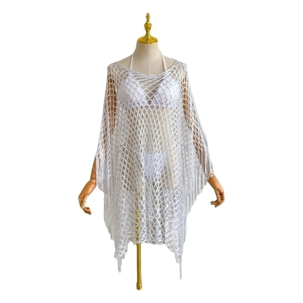 Fashion Tassel Sunscreen Cover-up Loose Fit Plus Size Bohemian Shawl Casual Crochet Fishnet Swimsuit Cover Up Summer