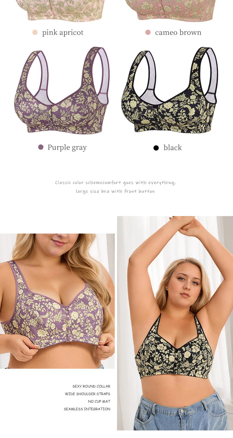 plus Size Front Closure Wireless Floral Print Bra Full Coverage Comfortable Support Bralette for Women Wide Band Everyday Wear