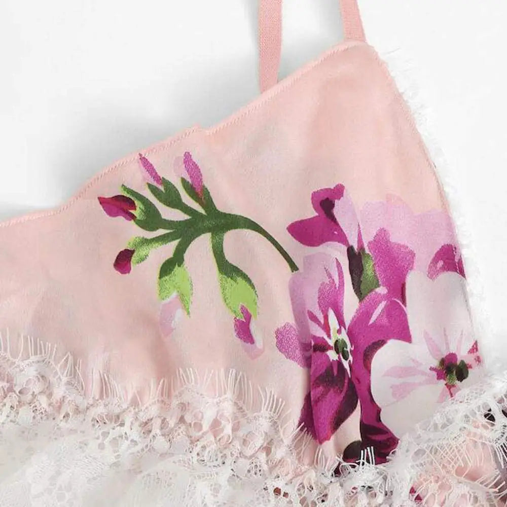 2 PCS Sexy Lace Lingerie Set for Women Floral Print Cami and Lace Strap Sleepwear Sexy Nightwear for Comfort and Seduction