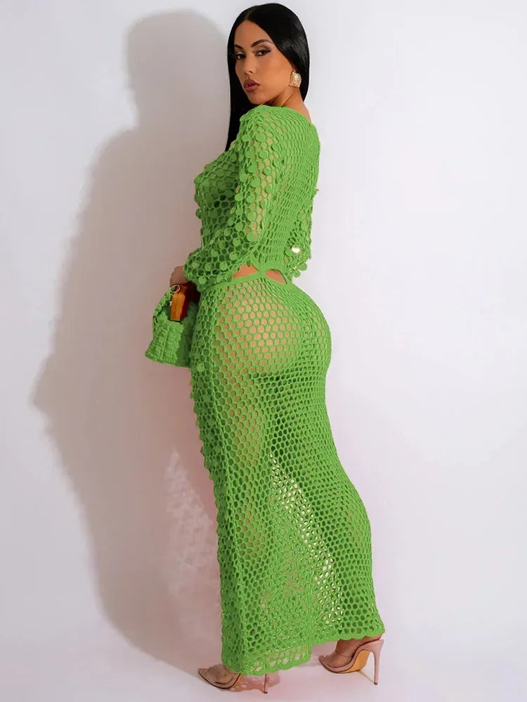 Sexy Party Dresses Sequined Crochet Knitted Beach Dress for Women Summer See-through Cover Up Bodycon Maxi Dress Vacation Club
