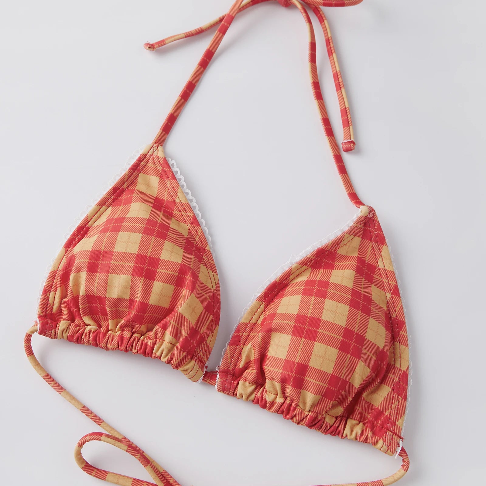 Women's Plaid Bikini Halter Neck Padded Bra Triangle Tops and Low Waist Boyshorts 2pcs Bathing Suit Summer Beach Swimwear