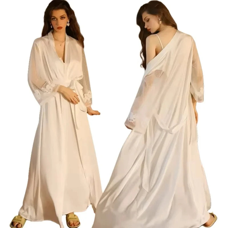Women Lace Long Bathrobes Nightgown Kimono Robe Sleepwear Sexy Lingerie Nightwear Bride Wedding 2 Pcs Nightdress Robe Set