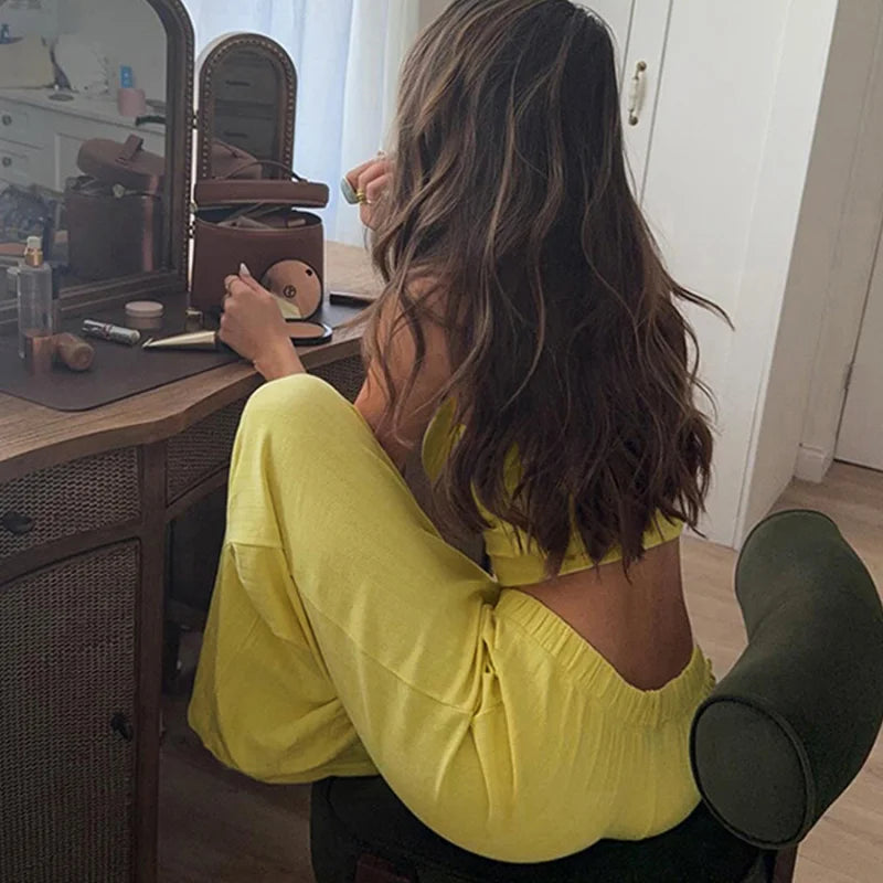 Camisole Pajama Set For Women With Long Pants Yellow Two Piece Loungewear Sleepwear For Home Casual Wear Comfortable Sexy Pajama