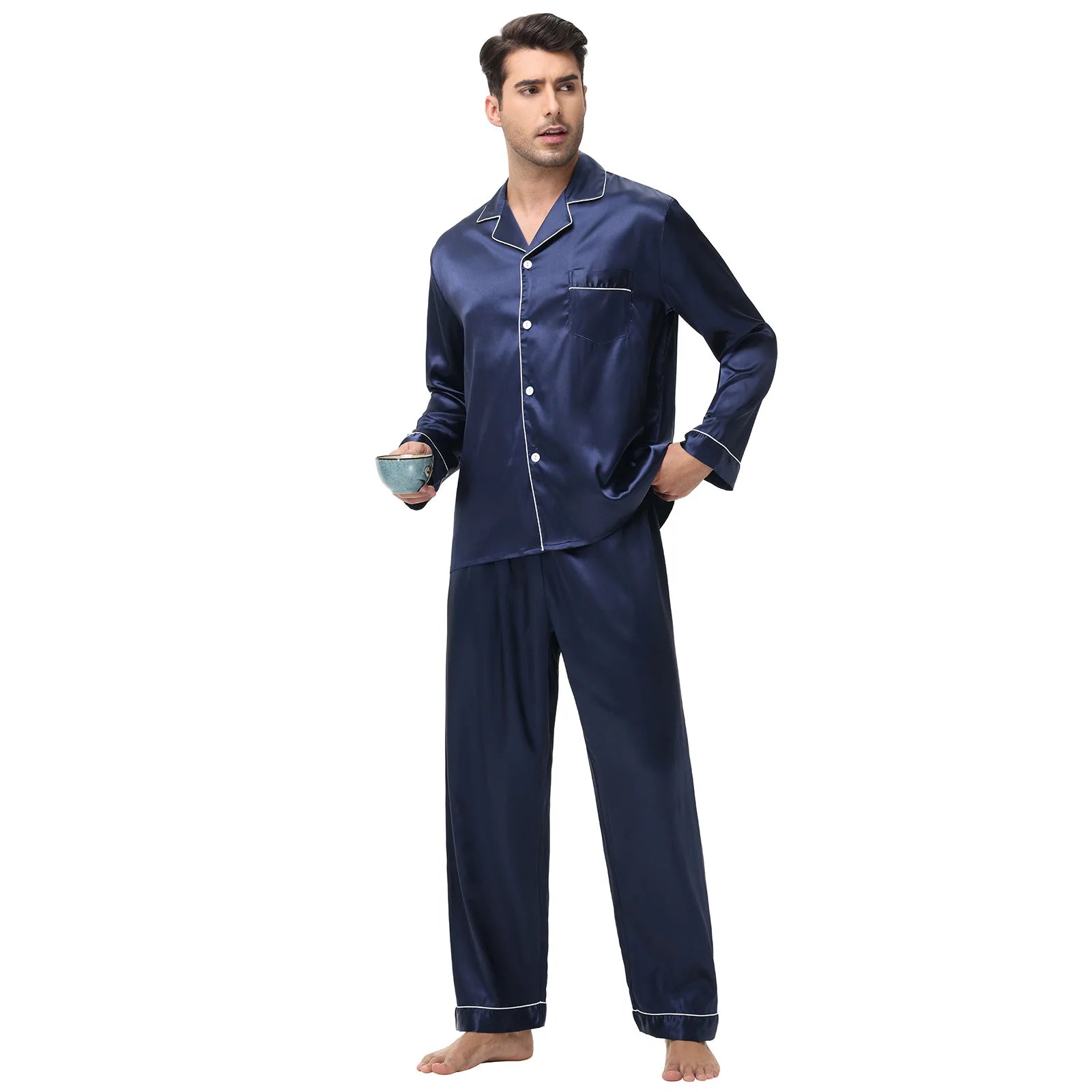 Men Pajamas Set Silk Satin Sleepwear for Man Shirt Long Sleeve Pijama Male Fashion Soft Loungewear S-2XL Size Spring Nightwear