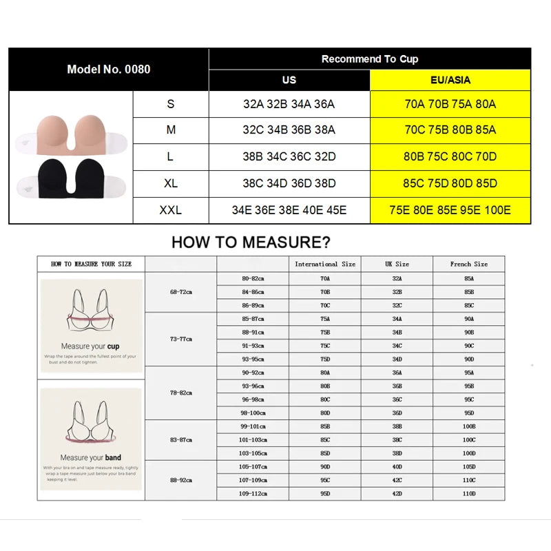 Strapless Push Up Bras Deep Plunge U Shape Non Slip Seamless Bra Backless Adhesive Invisible Lift Underwear