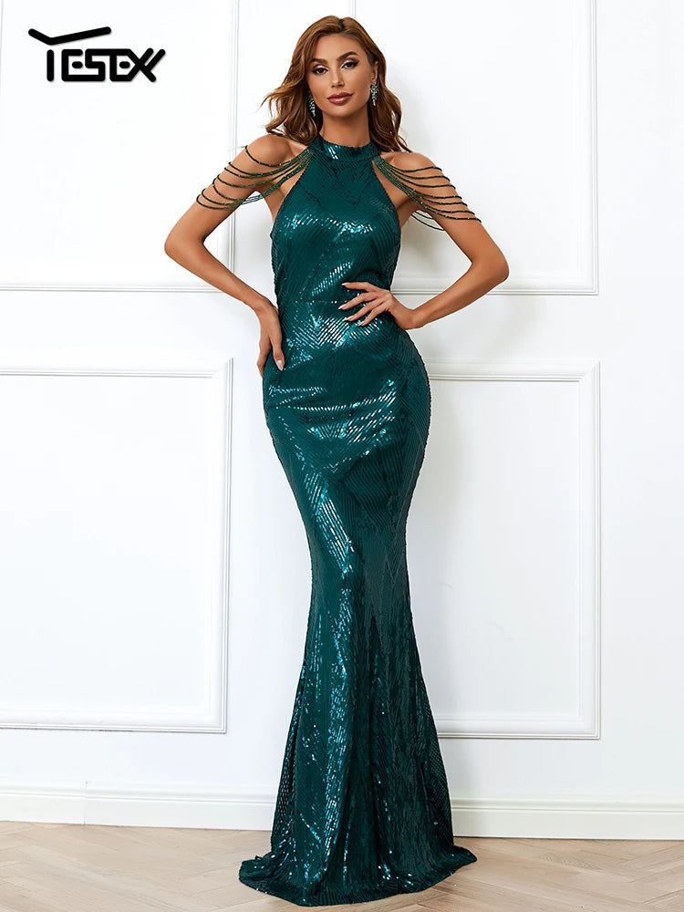 Yesexy New Robe Summer Dress Women Party Sexy Halter Sequin Beaded Maxi Elegant Evening Vestidos Bodycon Long Dresses