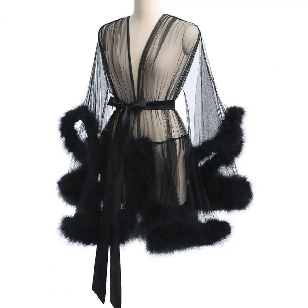 Female Sheer Shapewear Robes Fashoin Long Sleeve Plush Spliced Thin Lingerie Women Lace Up Erotic Midi Long Sexy Robes