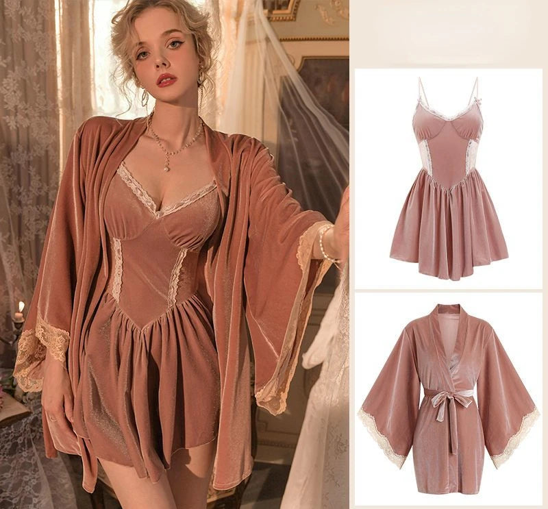 Women Robe Nightwear Lace French Nightgown Sleepwear Hollow out velvet camisole Lingerie Robe 2022 Spring Autumn Set Sexy Sweet