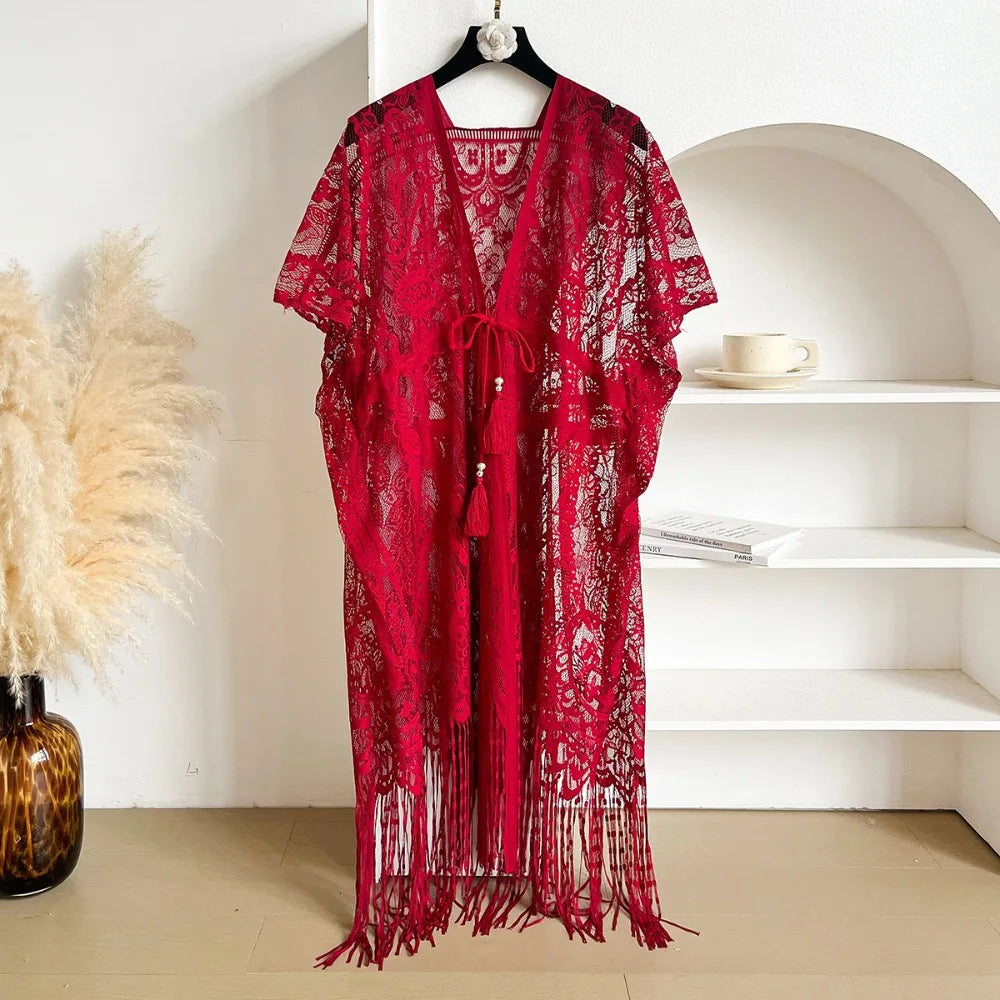 Fashion Lace Mesh Sunscreen Beach Cover Up Floral Tassel Bohemian Shawl Plus Size Transparent Swimsuit Cover Up Women