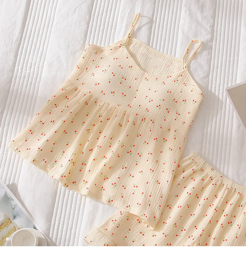 2026Women's Summer Cotton Sleepwear Sets Girl's Camisole Vest with Chest Cushion Shorts Cute Floral Two-piece Home Suit Set 2PCS