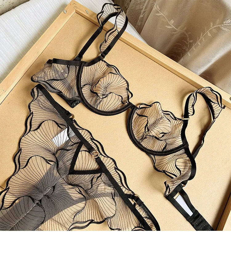 Erotic Lingerie Sets Sheer Transparent Lace Bras for Women Sexy Embroidery Push Up Bra and Thong Matching Set  Underwear Women