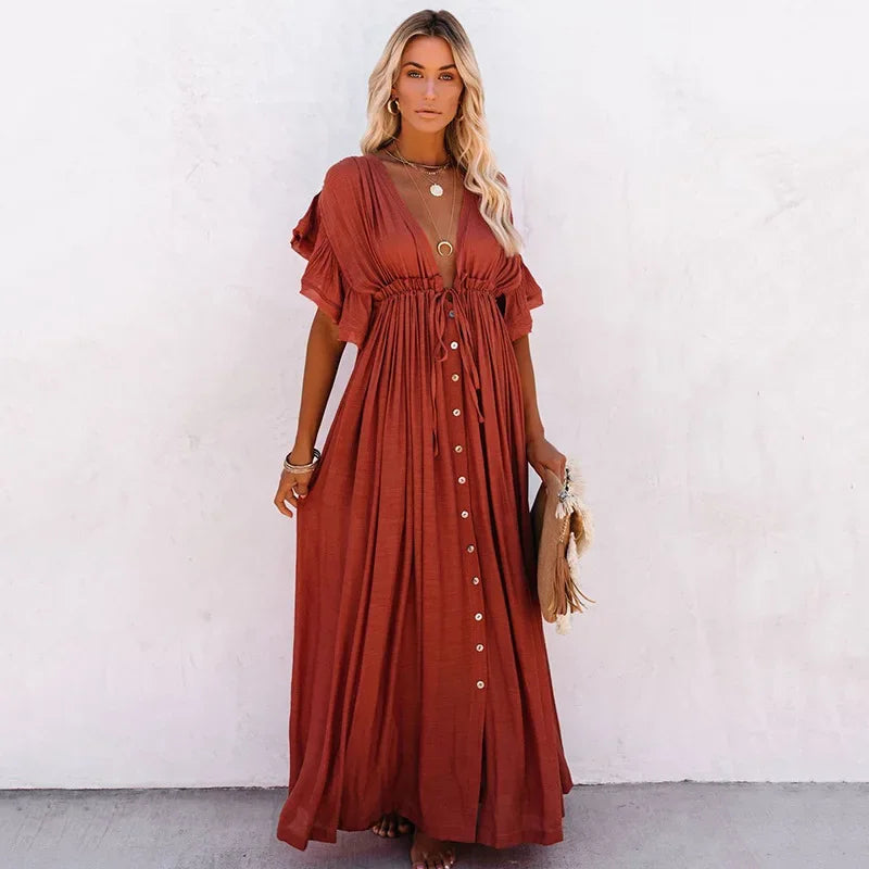Women's Beach Cover Ups Button Down Sunscreen Bikini Swimwears Vacation Bamboo Maxi Sundress Oversized Bathing Suit Cover Ups