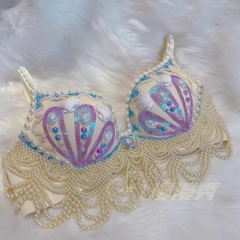 customized sparkling iridescent sequin shell bra pearl chain tassel pool party bra beach vacation pearl jacket belly dance bras