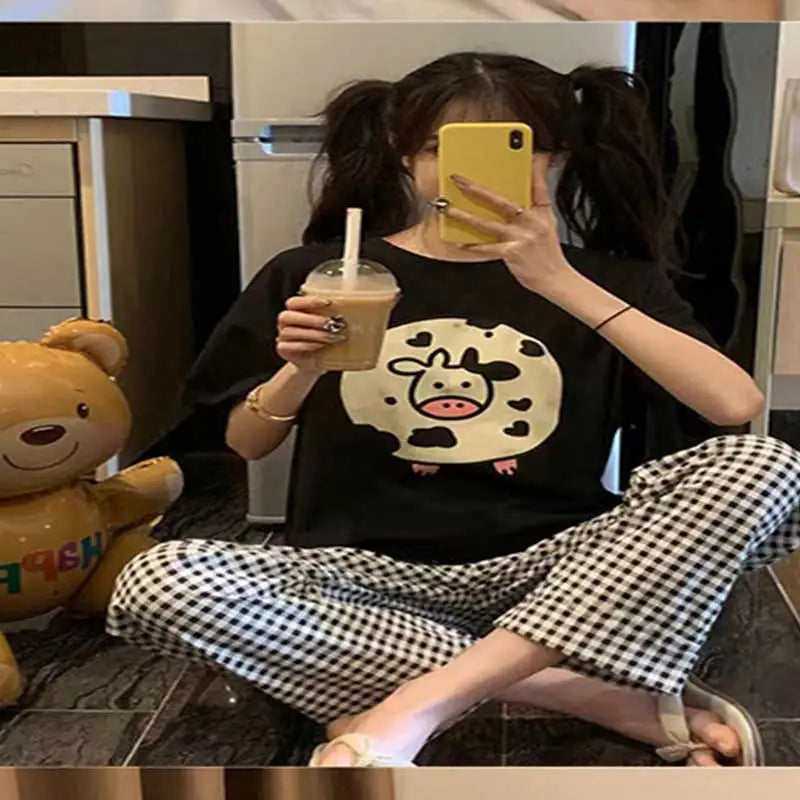 Women Pajamas Two-pcs Set Homewear Sleepwear Pajama Set Summer Ladies Comfortable Clothing Girls Cartoon Half-sleeved Long Pants