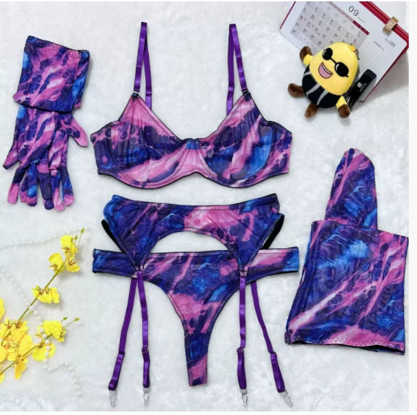 5 Pieces Lingerie Set Women Nightwear tie-dye Printed Halloween Underwear Bras Panties Golves Stocking Erotic Laungerie Set