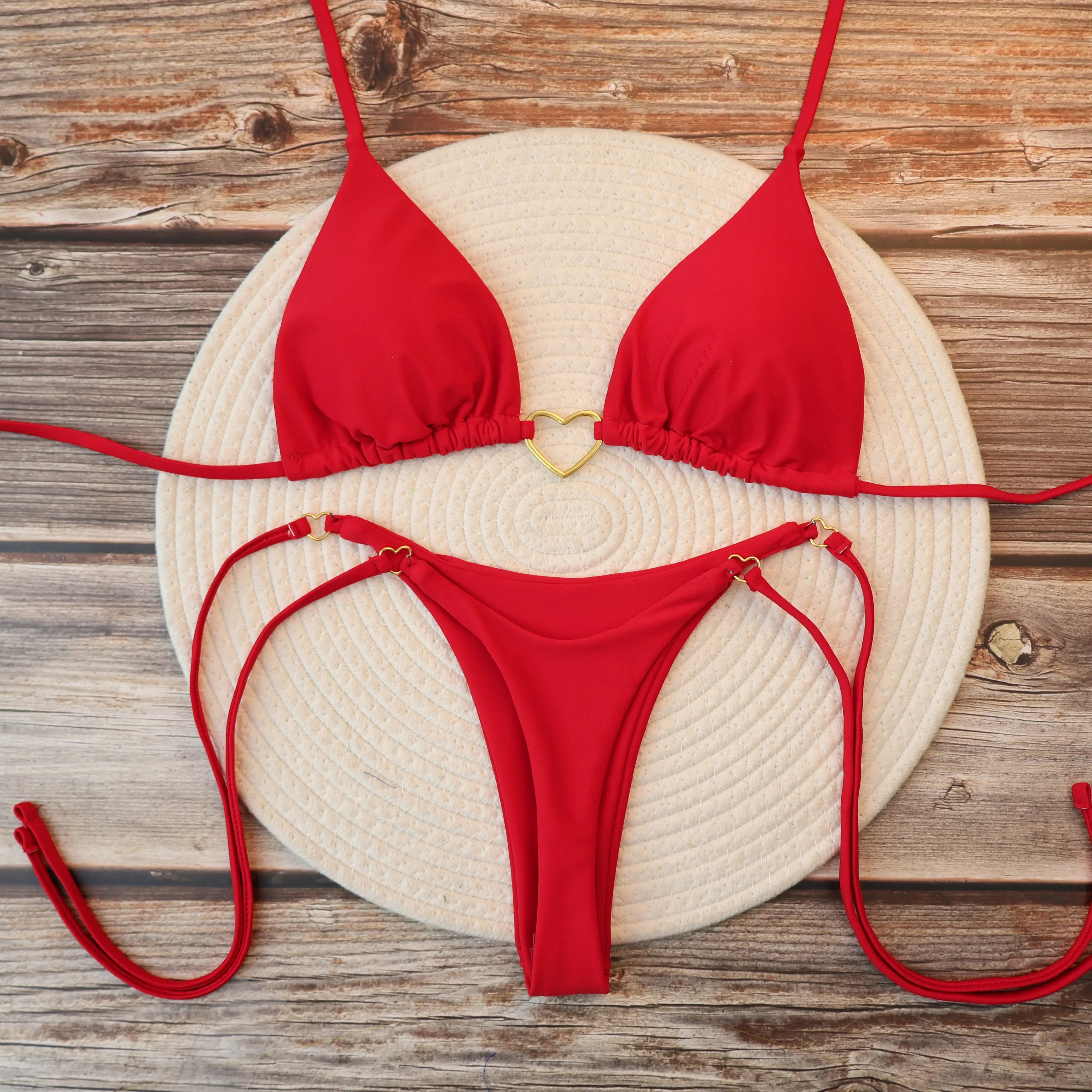 Women's Sexy Brazilian Bikini Set Halter Triangle Top Thong Bottom Two-Piece Swimsuit Heart Bathing Suit Summer Beach Swimwear