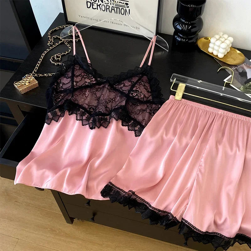 Sexy Intimate Lingerie Pajamas Set Hollow Out Lace Cami Shorts Pijamas Suit Spring Summer New Sleepwear Home Clothes Loungewear