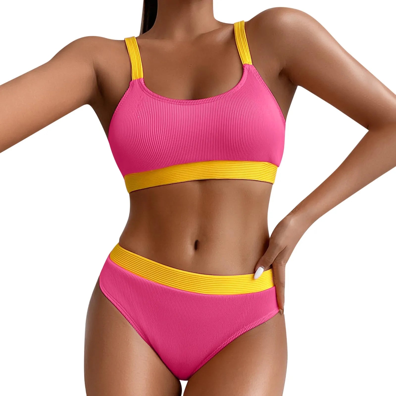 Color Block Swimsuits for Women Crew Neck Ribbed Stripe Bikini Bra High Waist Traceless Breath Comfty Fashion Bikinis Shorts