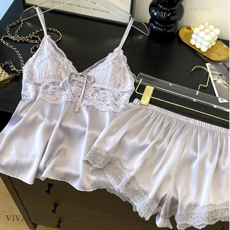 Sexy Intimate Lingerie Pajamas Set Hollow Out Lace Cami Shorts Pijamas Suit Spring Summer New Sleepwear Home Clothes Loungewear