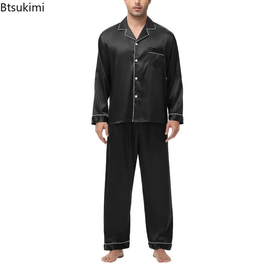 Men Pajamas Set Silk Satin Sleepwear for Man Shirt Long Sleeve Pijama Male Fashion Soft Loungewear S-2XL Size Spring Nightwear