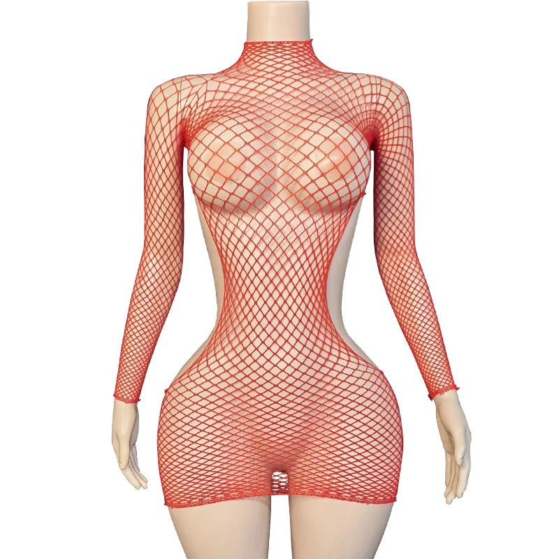Sexy Crotchless Lingerie Full Sleeve Bodystockings Mesh Transparent Babydolls Underwear Erotic Fishnet Hollow Baby Dolls Dresses