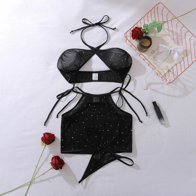 Lingeries Sexy Hot Women Black Cross Halter Hollow Bra Brief Skirt Starry Transparent Underwear Set 3 Piece Erotic Lingerie Sets