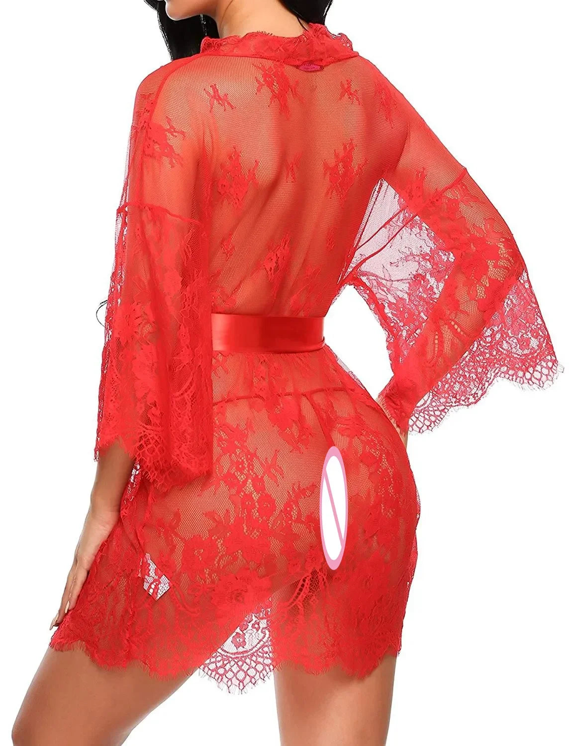 Women Sexy Lingerie Erotic Transparent V-Neck Lace Babydoll Nightwear Robe G-string Costume Kimono Sleepwear Dress