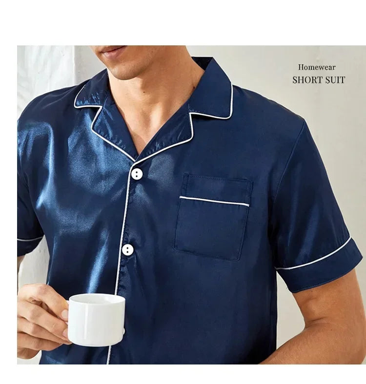 Plus Size Men's Pajama Set Faux Silk Lapel Cardigan Student Homewear Simple Short Sleeve Shorts Set Premium Feeling Solid Colour