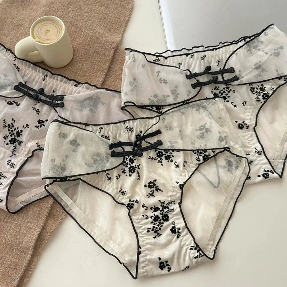 Lingerie Low Waist Women Underwear Ruffle Mesh Chinese Style Briefs Buckle Design Transparent Ice Silk Panties Retro Style