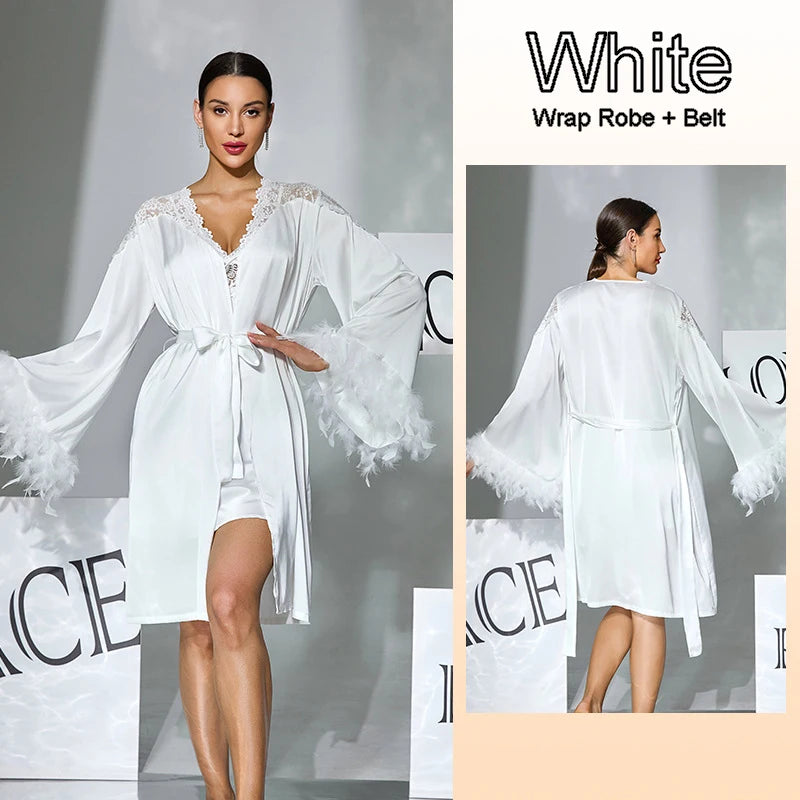 Women Satin Pajama Set Sexy Lace Camisole Nightgown Feather Trim Robe Bridal Sleepwear 2 PCS Set Wedding Nightdress Loungewear