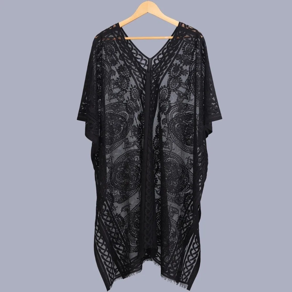 Breathable Lace Mesh Sunscreen Beach Cover Up Plus Size Casual Bohemian Shawl Floral Transparent Swimsuit Cover Up Lady