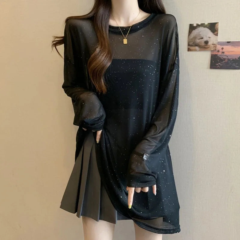 Black Sexy See Through Sheer T-Shirts Women Luxury Sequin Thin Ice Silk Long Sleeve T Shirt Summer Breathable Sun-Proof Tops