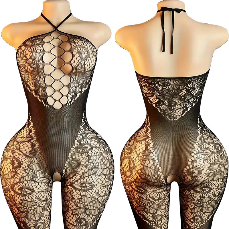 Erotic Open Buttocks Lingerie Women Fishnet Hollow Babydoll Dress Black Lace Bodystockings Sexy Halter Neck Baby Dolls Stockings