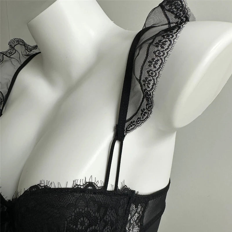 Erotic Lingerie Ladies Sexy French Lace Corset New Bodysuit Gathered Elasticity Women Push Up Mesh Material Bustier Underwear