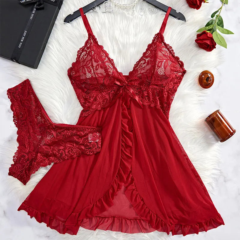 Women's Sexy Lingerie Dress Thin Style G-string Contrast Lace Ruffle Trim Lingerie Set Deep V Slip Thong Lencería Mujeres