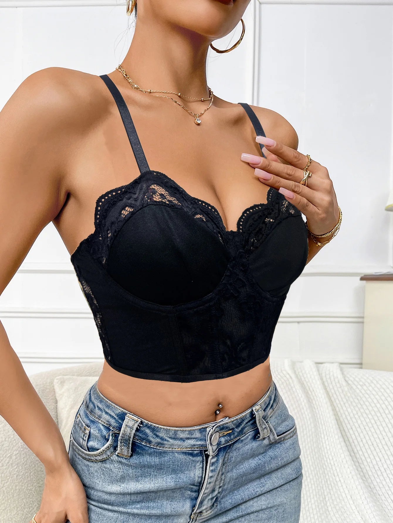 Women's Lace Fishbone Push-Up Bra, 3/4 Coverage, Max Support, Breathable, Casual Style, All Seasons, Fitted, Buckle Closure