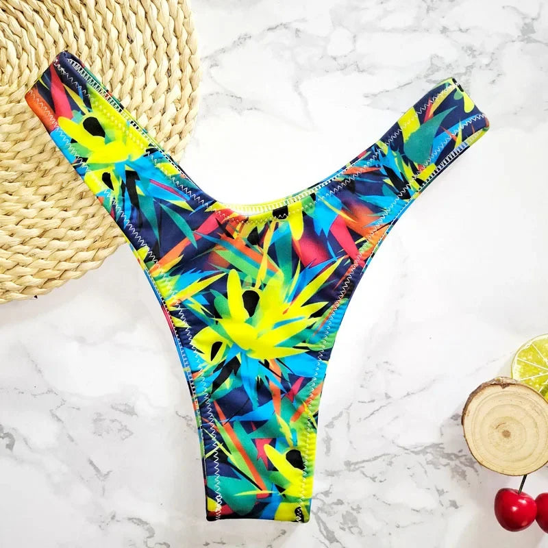 New Floral Print Brazilian Bikini Bottom Women's Swimwear High Waisted Sexy V Thong Swimsuit Bathing Suit Women Swimwear Women