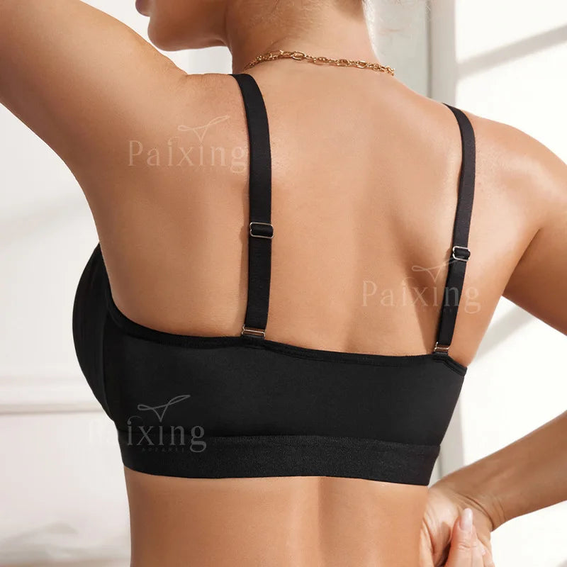 Striped lace front button side fold up lingerie plus French style sexy strapless wire free women's bra