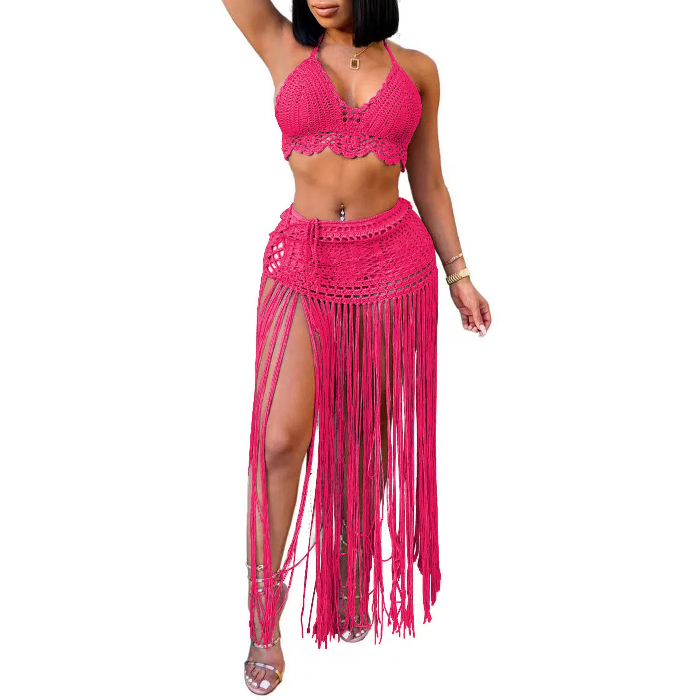 New Women's Two Pieces Swimsuits Beach Style Knitted Bikini Tops High Waist Tassel Long Skirts Female Sexy Cover Up Bikini Sets