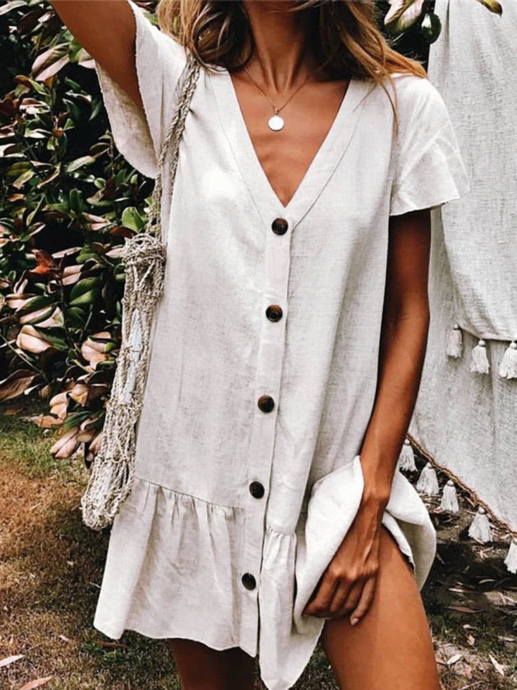 SUNFORYOU Cover-ups  Tunic For Beach Button Rayon V neck Beach Shirt Swimsuit Cover Up Vestido Sarong Beachwear Women Pareo