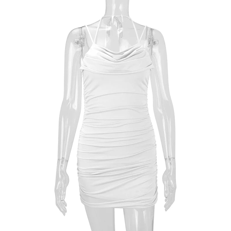 American Sexy Slip Dress Women Pleated Ruffled Neckline Slim Fashion Camisole Dress Solid Summer Vacation Party Mini Vestidos