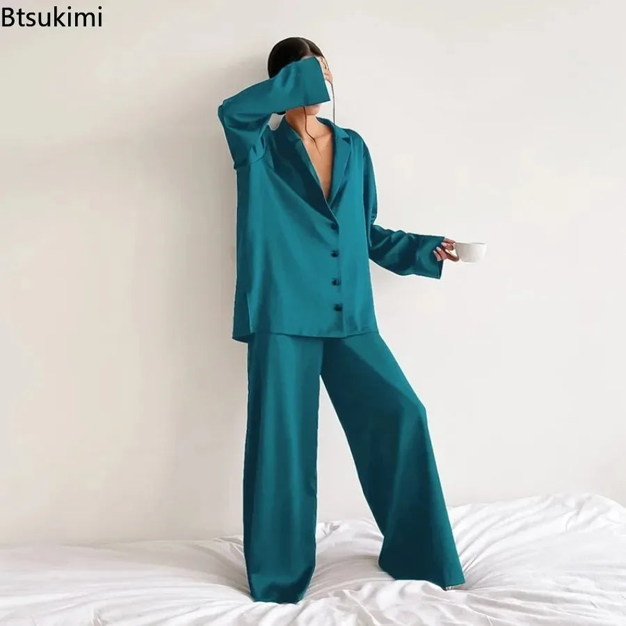 2026 Sexy Low Cut Pajama Sets for Women Loose Casual Long Sleeve Trouser Home Wear 2pcs Sets Solid Satin Silk Female Pijama Suit