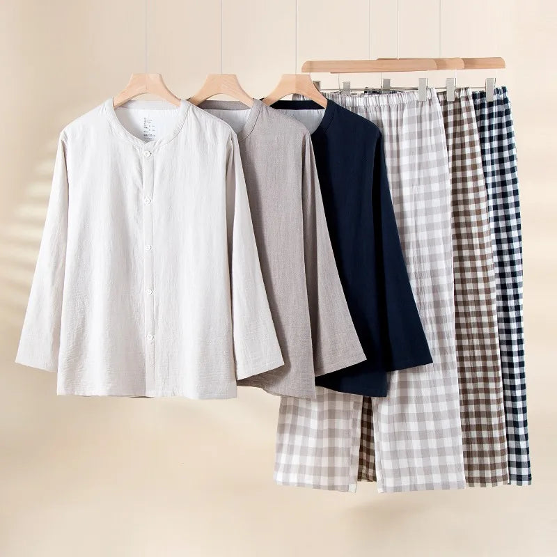 Long Sleeve Pajama Set for Men Breathable Soft Washed Cotton Sleepwear Simple Solid Top and Plaid Trousers Home Clothes 2-Piece