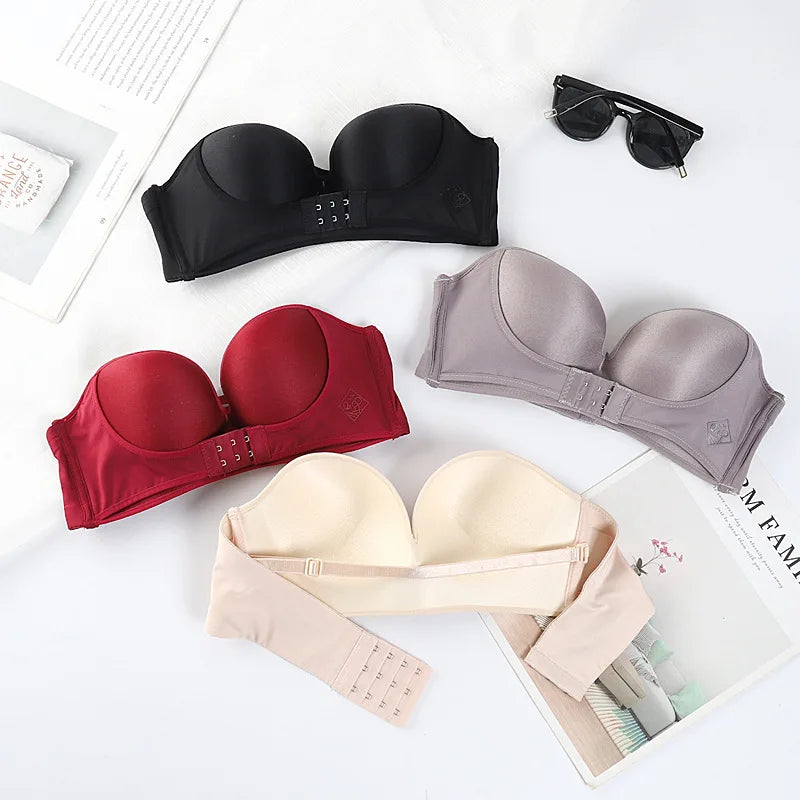 Strapless Non Slip Invisible Bra for Women Front Closure Adjustable Push Up Bra Bralette with Breathable Gather Backless Bra