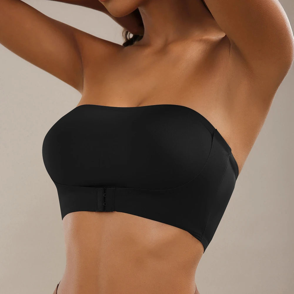 Women's Strapless Push Up Bra Sexy Seamless No Padding Front Button Bra Comfortable Smooth Backless Non Slip Unlied Brassiere